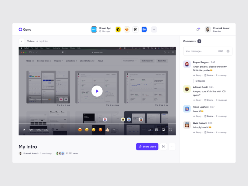 Qerra – Viewing Experience 👀 comments composer dashboard hover minimal movie player profile quality record recording screen ui ux video viewing watch