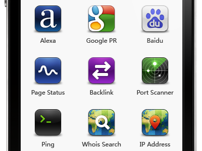Website Tools iPhone App Icons alexa icon ios iphone page rank seo tools springboard whois