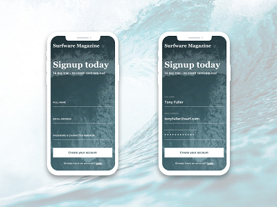 Daily UI Challenge 001 - Sign up 001 app challenge clean interface iphone x magazine signup signupform surfing ui elements waves welcome