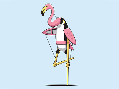Penguin Puppetry flamingo glenn jones glennz illustration illustrator penguin puppet t shirt vector