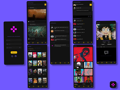 X-Way Gaming Application activity app browse explore friends list gallery gaming gaming app gaming logo login page message newsfeed notification profile profile page signup text upload upload file user profile