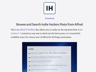 Indie Hackers Alfred Workflow alfred alfred3 app indiehackers workflow