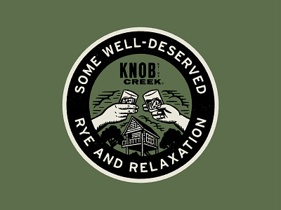 Rye & Relaxation badge camp camping clouds illustration knob creek lodge logo outdoor tree house whiskey