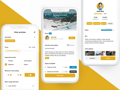 EarlyBeep - The marketplace for leisure and sports activities activities app booking filter lessons mobile multiple selection product design profile range selector rank spots tags user profile