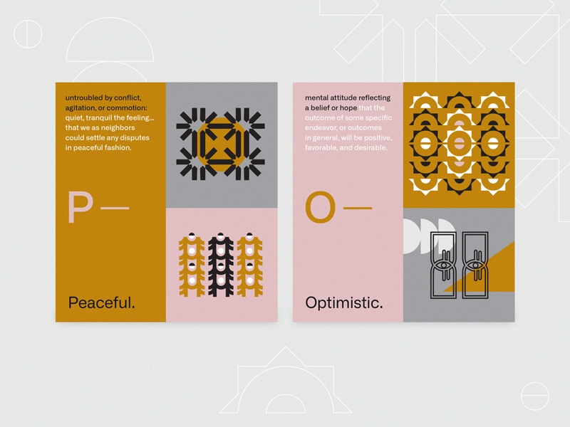 Peaceful / Optimistic motif triangle gray pink mustard layout half circles eyes circle sun minimalistic playful experiment type composition optimistic geometric fun