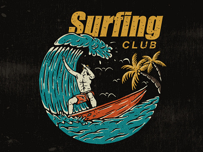 SURFING CLUB apparel artwork badass badge beach hand drawn illustration logo palm tree surfing tshirtdesign vintage wave