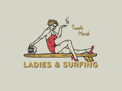 Ladies & Surfing vintage design art badge