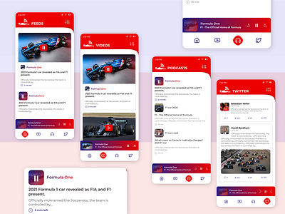 F1 feed android app design app design color theme formula one formula1 minimal podcast racing car tweets twitter typography ui ux videos