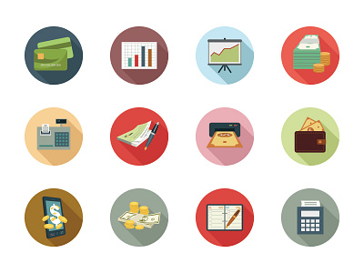 125 Financial Flat Colored Icon Set