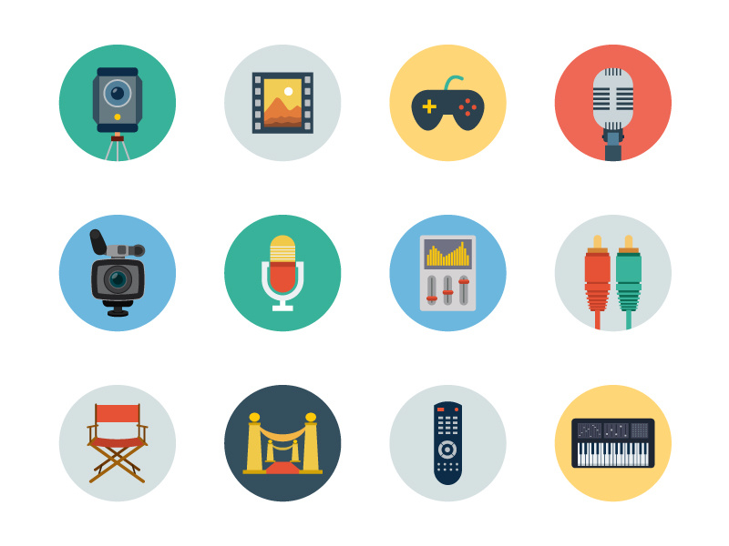 150+ Flat Multimedia Vector Icons icon design illustrations vector icons piano remote mic music media cinema multimedia flat icons