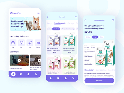 Pet Shop App animal animal feed app bird blue brit cat concept design dog feed food pet pet food pets purple shop store ui ux