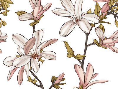 Seamless pattern with beautiful spring magnolia flowers. design drawing flower magnolia pattern spring vector