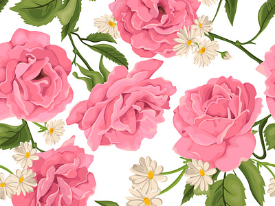 Seamless pattern, bouquet with chamomiles and roses