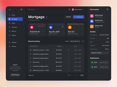 M - Dashboard app banking buttons cards colored components dark dashboard design finance loans minimal modern mortgage side menu table theme ui ux web