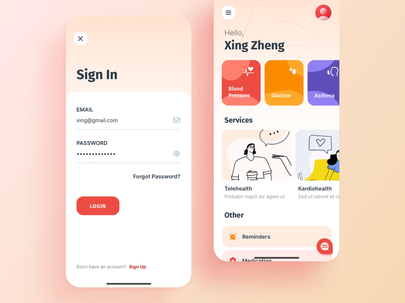 KFit app blush cards colored components health healthcare icons illustration interaction ios mobile app modern services signin tracker ui ux