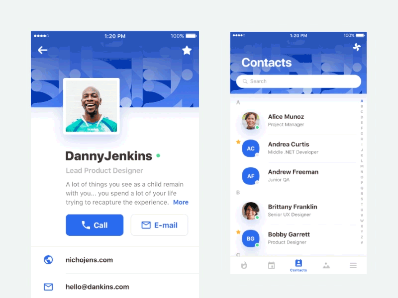 Contacts & Profile android app contacts ios mobile motion navigation pattern ui userprofile ux