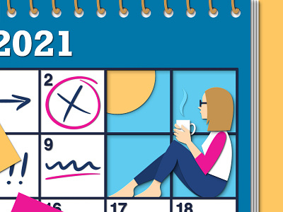 A Window 2021 art busy calendar coffee design editorial flat flat illustration home learning illustration people planning schedule wfh window woman working working from home