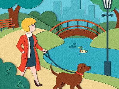 The Planner - A Walk in the Park bridge design digital dog dog walking ducks editorial illustration magazine paper art paper craft papercut park people trees walking woman