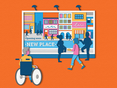 The Planner - Town Accessibility accessibility architecture design disability editorial illustration magazine paper craft papercut people photoshop shops town centre town planning wheelchair