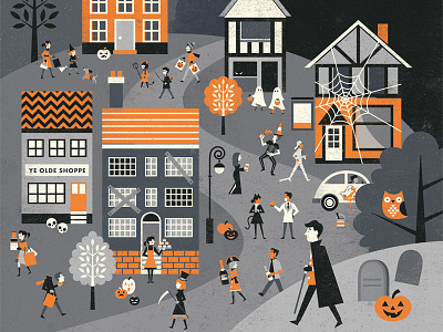 Apple Bobbin's - Halloween (Part I) branding buildings characters halloween houses illustration packaging people scene spooky village