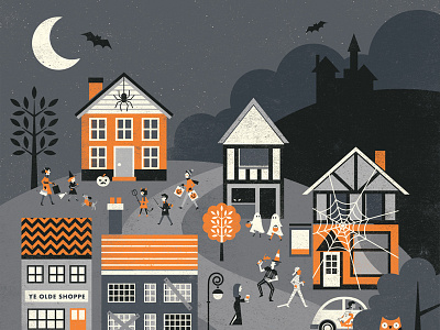 Apple Bobbin's - Halloween (Part II) branding buildings characters halloween houses illustration moon packaging people scene spooky village