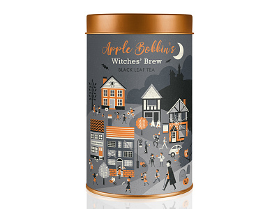 Apple Bobbin's - Halloween Tea Tin branding buildings characters halloween houses illustration packaging people scene spooky typography village