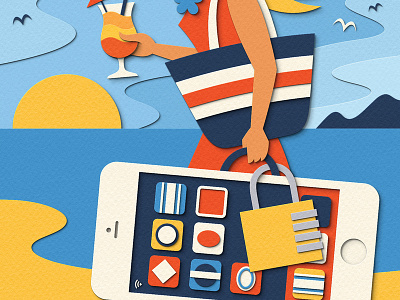 Sunday Times Travel Magazine - Digital Safety Abroad beach digital editorial holiday illustration magazine paper cut papercraft phone travel vacation woman