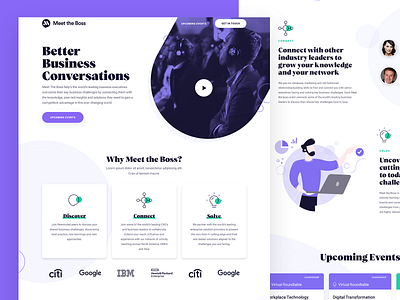 Meet the Boss branding events green icons illustration landing page marketing networking purple ui ux