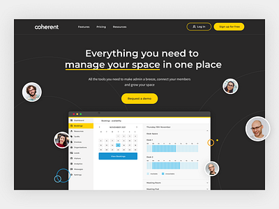 Coherent Features Page black coworking illustration landing page saas tech ui ux web design workplace yellow
