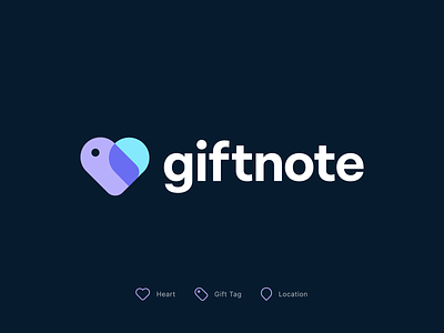 giftnote logo app brand identity branding color colorful logo gift gifting heart icon identity lettermark location logo logo designer logomark monogram pin shopify tag typography