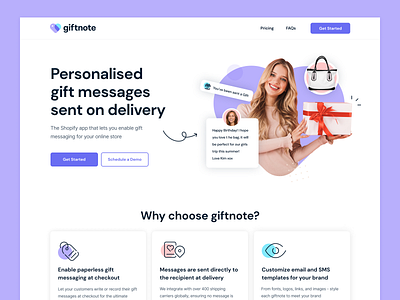 giftnote marketing landing page app store application design desktop gift gifting heart icon illustration landing page marketing mobile present purple shopify ui website