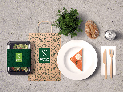 Wholesome Works food packaging branding green heart knife and fork logo paper