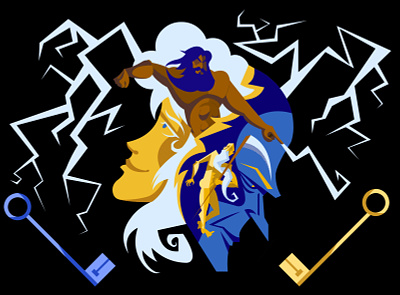 the myth of Janus blue chronos god gods graphic graphic illustration hero illustration janus jupiter key legend legends lightning minimal myth mythology thunder tom whalen yellow
