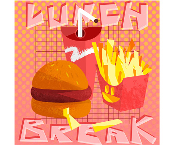 LUNCH BREAK bread break bun chips cola eat eating fastfood food french fries graphic graphic illustration hamburger illustration lunch lunch break meal meat pink soda