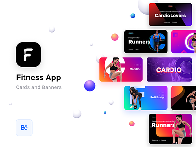 Fitness app cards and banners prototypes (On Behance) app design banners camera cardio cards diet exercise fit app fitness logo fitness product fonts graphics guidelines gym illustration images ios lifestyle running ui ux