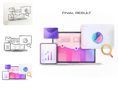 Process for : Illustration for marketing related section browser window chat design email graphic icon illustration illustrator ipad message money neel pie chart prakhar procreate search sharma sketch statistics trending