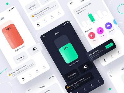 Household Energy Monitor : Prototype 3 (Design Assignment) branding clean minimal 2020 dark light day night design energy usage grid icon illustration neel prakhar project designer settings share sharma smarthome switch ui ui kit user profile ux