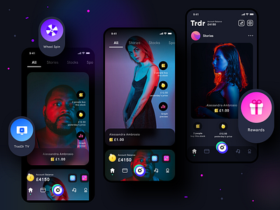 Trad3r Home page exploration app application application design community dark mode light earn save group people homescreen interface experience interface illustration investment money neel prakhar sharma social stock trading ui ux