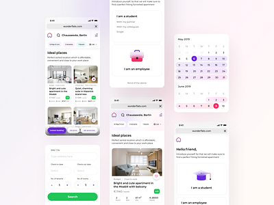 Wunderflats assignment (mobile optimised website) part 2 android app calendar employees furniture gradient icon illustration ios iphone list menu neel prakhar react rental safari sharma students tenant web