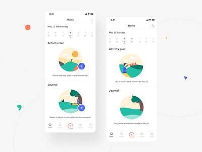 Hellobetter Home screen (Present day + Past day) activity app calendar e mental explore healthcare home icon illustration ios journal neel plants prakhar progress sharma training ui ux vector