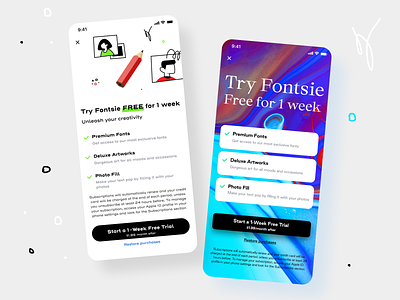 Paywall screens for Fontsie app app artwork creative design designer filters icon illustration mobile modal neel payment paywall photo editing prakhar sharma stickers subscription ui ux