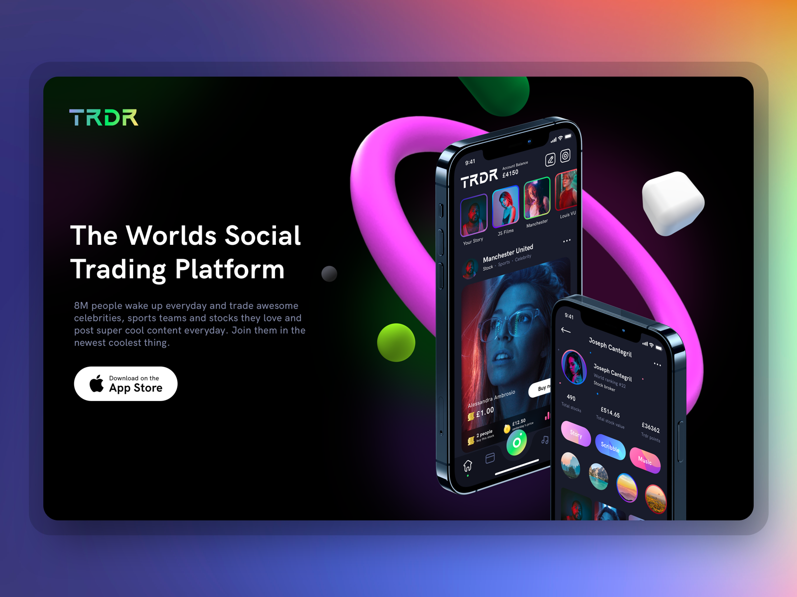 Landing page exploration for Trad3r mobile app appstore celebrity crypto cryptocurrency dark mode illustration invest investment mockup neel photos videos prakhar sharma social stock trade trader uiux web website