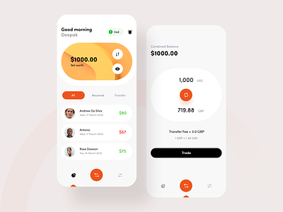 Money transfer app mock-ups
