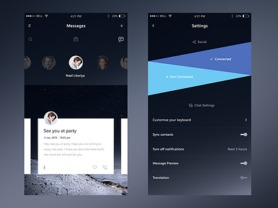 Demo screens for a chat app (Dark Version)