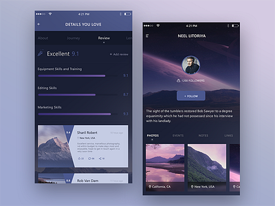 Review + Profile (photography app samples) events follow neel notes photographer photos profile review skills ui