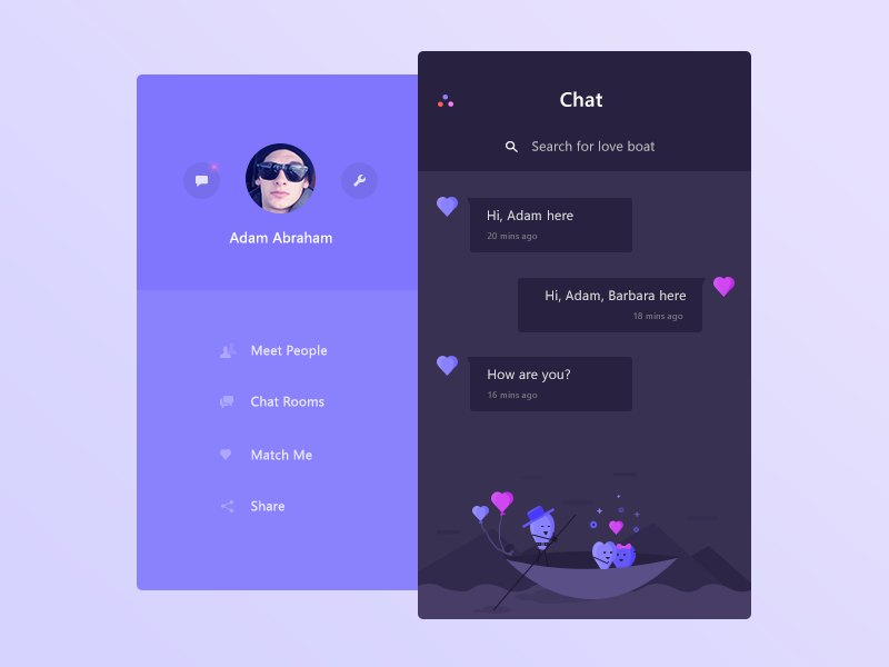 Chat app demo screens 3 (WIP) chat cute illustration match message people room search settings sidemenu ui user