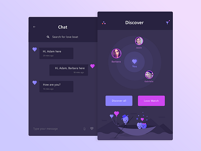 Chat + Discover (chat screen demo 3 screens) chat cute discover illustration match message people room search sidemenu ui user