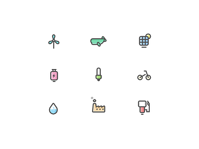 Unused elements part 4 (Icons for a project) bicycle cylinder factory icons line power solar water whale windmill