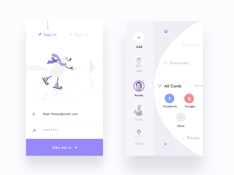 sign in + all cards (PassSafe app) email password security favourites cards profile create add signup signin