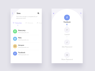 PassSafe app (sites and options screen) amazon app basecamp facebook rdio security share sidemenu site ui